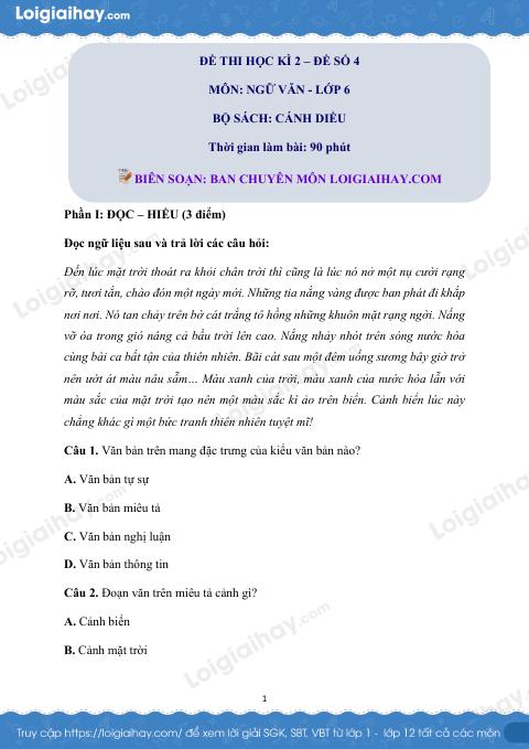 Đề thi học kì 2 Văn 6 Cánh diều - Đề số 4